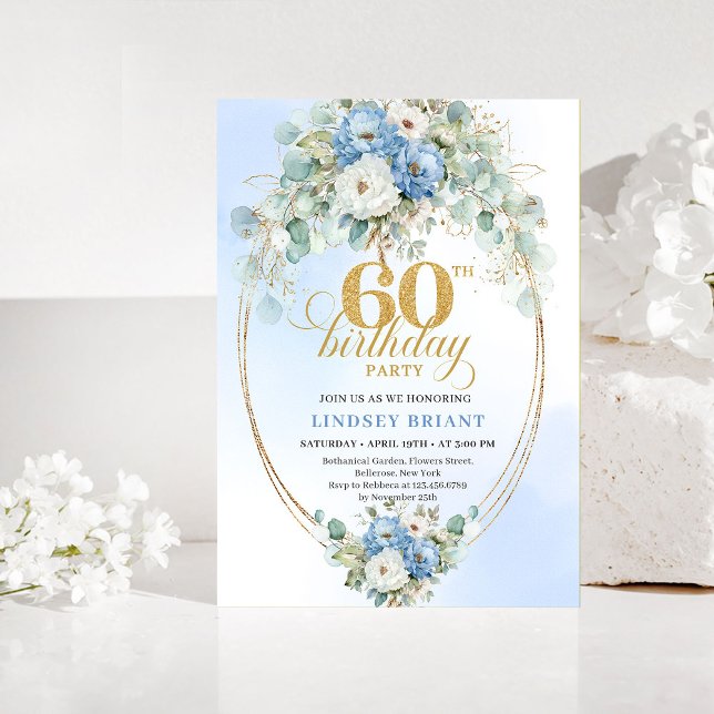 Invitation d'anniversaire 60 ans Bleu et Or avec f (Blue and Gold Greenery 60th Birthday Invitation)
