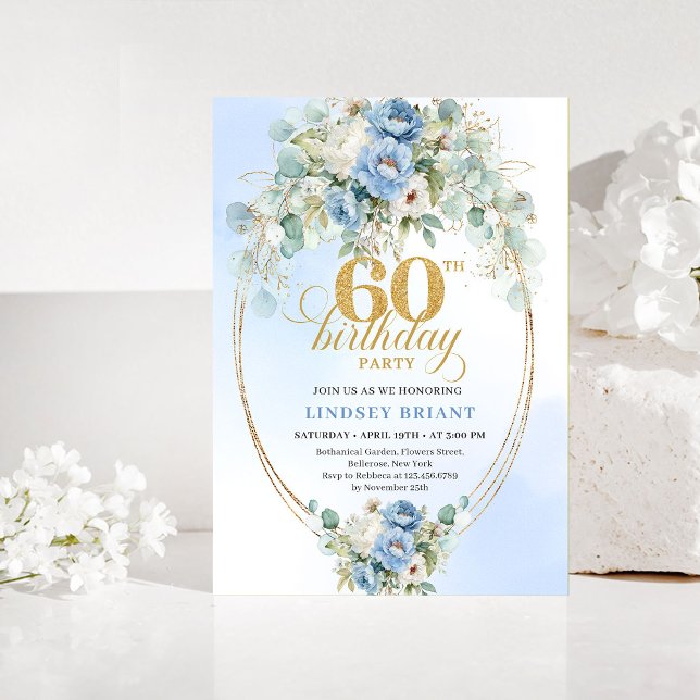 Invitation d'anniversaire 60 ans Bleu Rustique et  (Rustic Blue and Gold 60th Birthday Invitation)