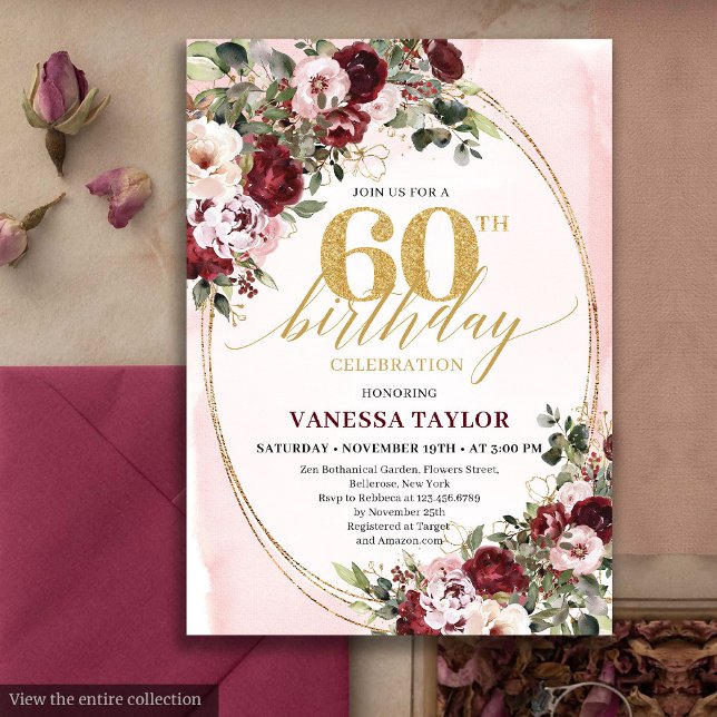 Invitation d'anniversaire 60 ans Bohème Bourgogne  (Bohemian Burgundy Gold Floral 60th Birthday Card)