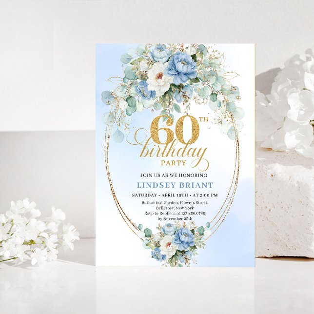 Invitation d'anniversaire 60 ans Boho Dusty Blue F (Boho Dusty Blue Floral 60th Birthday Invitation)