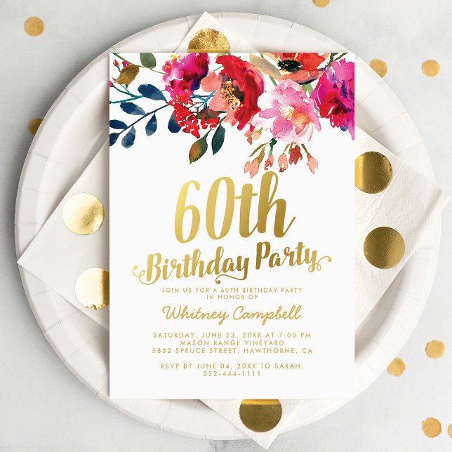 Invitation d'anniversaire 60 ans Chic Gold Floral (Créateur téléchargé)
