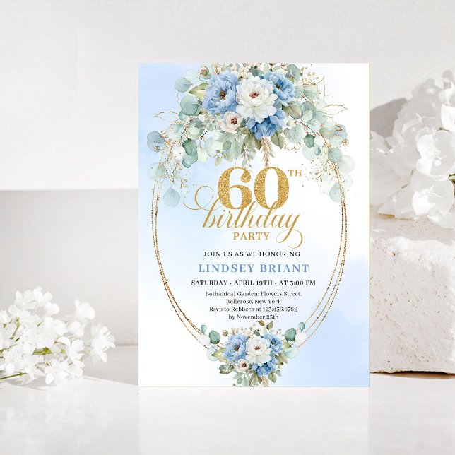 Invitation d'anniversaire 60 ans Dusty Blue Flower (Dusty Blue Flowers Gold 60th Birthday Invitation)