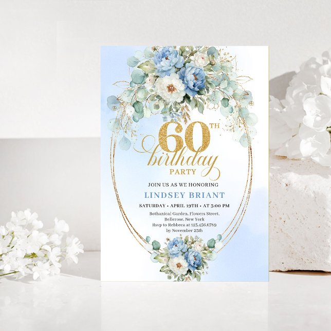 Invitation d'anniversaire 60 ans Dusty Blue Greene (Dusty Blue Greenery 60th Birthday Invitation)