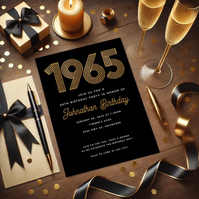 Invitation d'anniversaire 60 ans Faux Or Noir 1965 (1965 Black Faux Gold 60th Birthday Invitation)