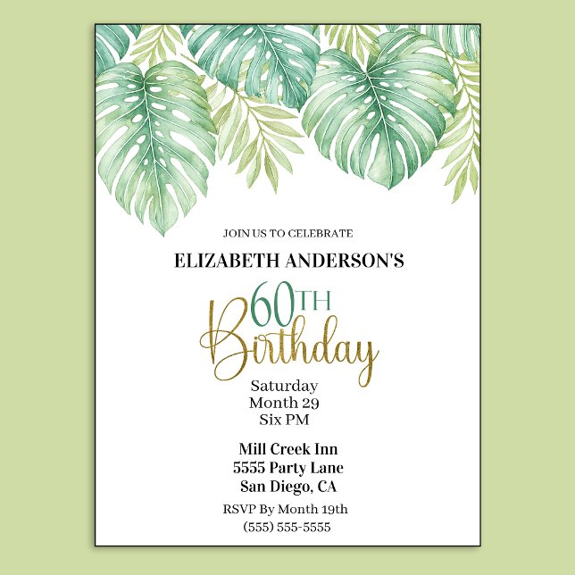 Invitation d'anniversaire 60 ans Feuilles Tropical (Watercolor Tropical Leaves 60th Birthday Invitation.)