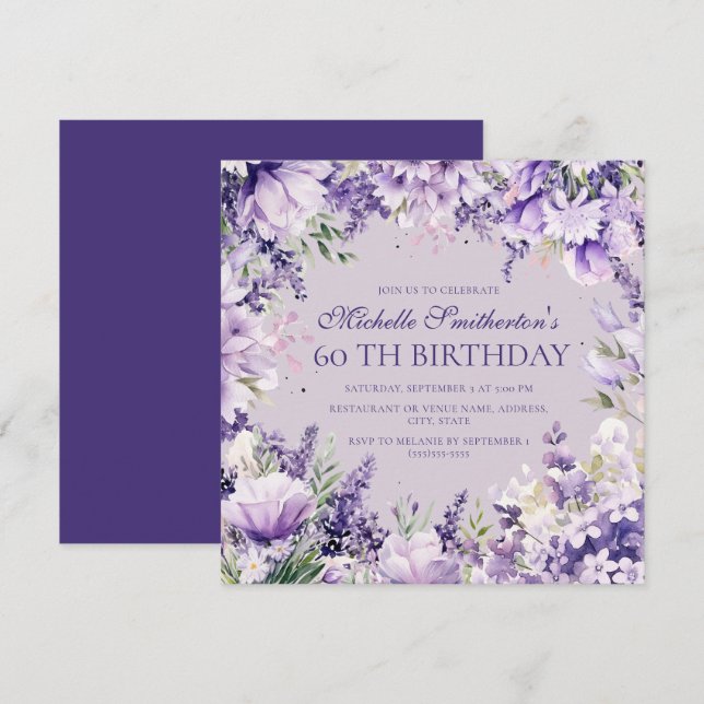 Invitation d'anniversaire 60 ans Fleurie Aquarelle (Devant / Derrière)