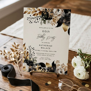 Invitation d'anniversaire 60 ans Fleurs Or Noir Aq