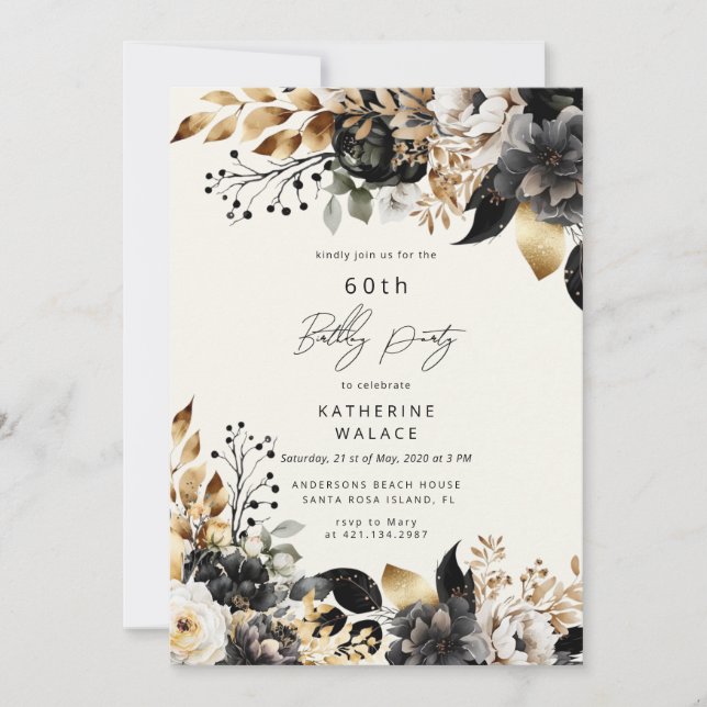 Invitation d'anniversaire 60 ans Fleurs Or Noir Aq (Devant)