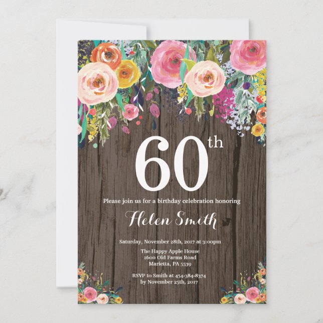Invitation d'anniversaire 60 ans Floral Rustique (Devant)
