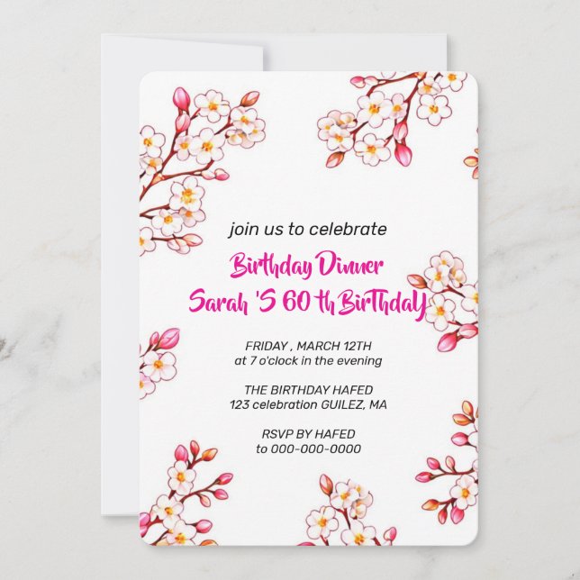 Invitation d'anniversaire 60 ans florale, Rose flo (Devant)