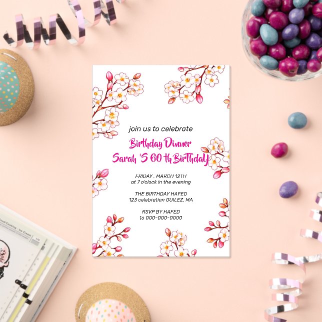 Invitation d'anniversaire 60 ans florale, Rose flo (Insitu (Célébration))