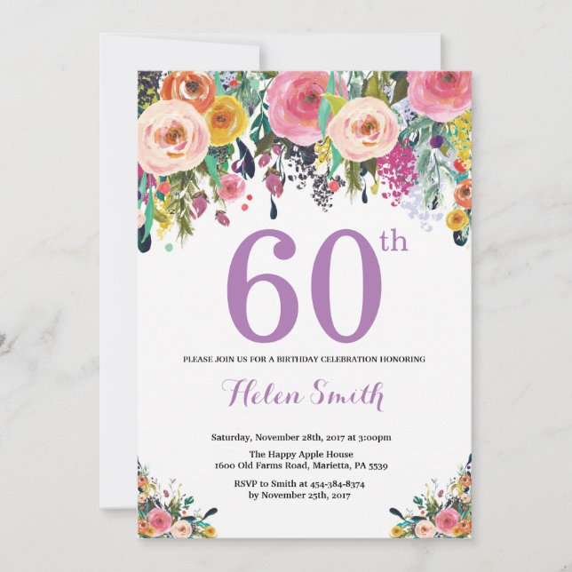 Invitation d'anniversaire 60 ans Florale Violet (Devant)