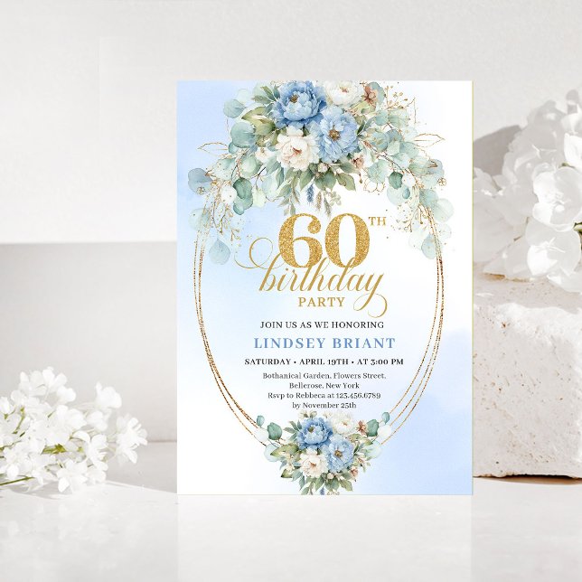 Invitation d'anniversaire 60 ans Light Blue Eucaly (Light Blue Eucalyptus 60th Birthday Invitation)