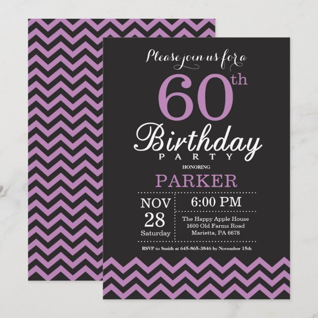 Invitation d'anniversaire 60 ans noir et violet (Devant / Derrière)