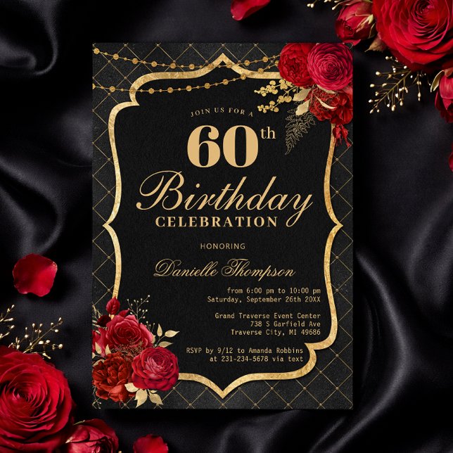 Invitation d'anniversaire 60 ans Noir, Rouge & Or (Black, Red & Gold 60th Birthday Invitation with Roses
)