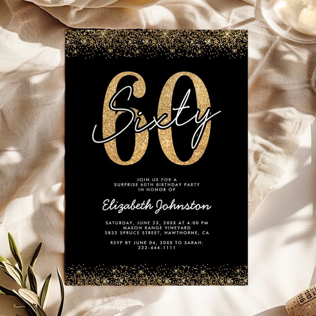 Invitation d'anniversaire 60 ans Or Noir Moderne (Créateur téléchargé)