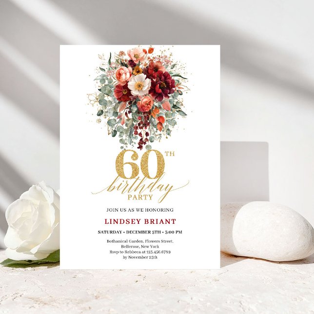 Invitation d'anniversaire 60 ans Or Rouge Profond  (Classic Deep Red Gold Autumn 60th Birthday Invite

)