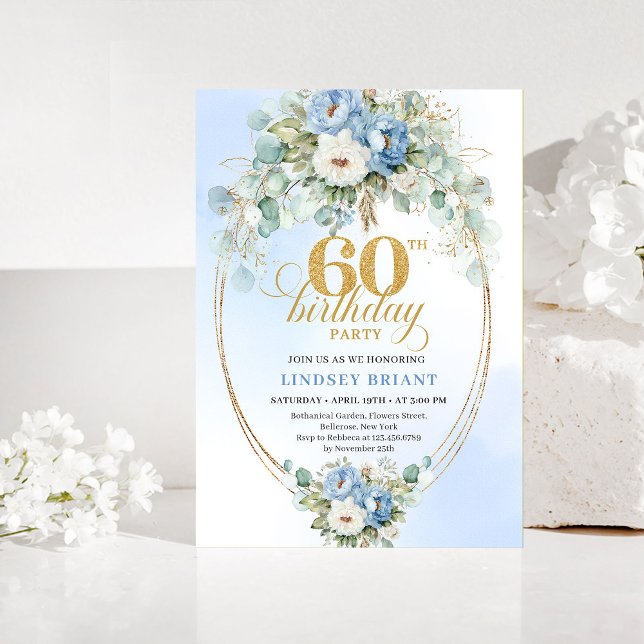 Invitation d'anniversaire 60 ans Pastel Bleu Flora (Pastel Blue Floral Gold 60th Birthday Invitation)