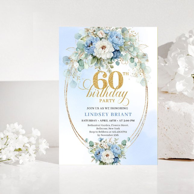 Invitation d'anniversaire 60 ans Pastel Blue Peoni (Pastel Blue Peonies Gold 60th Birthday Invitation)