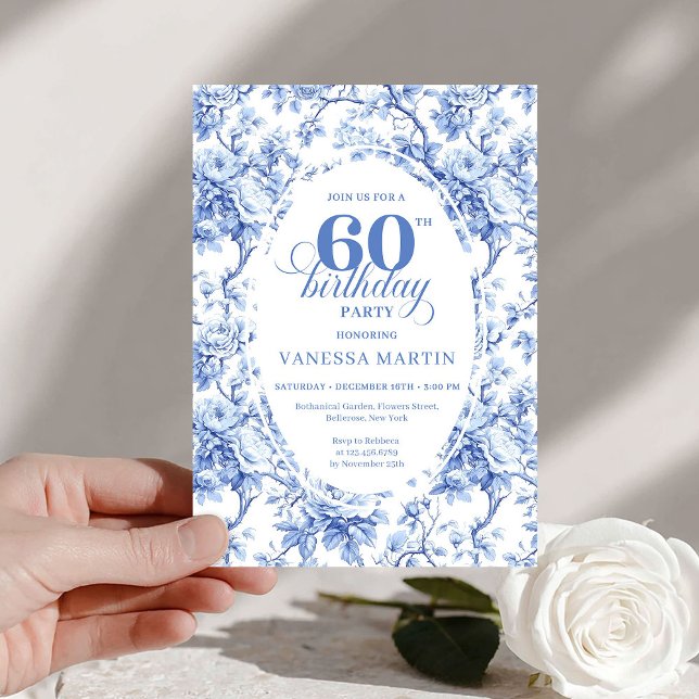 Invitation d'anniversaire 60 ans Pretty Dusty Blue (Pretty Dusty Blue Toile Roses 60th Birthday Invite

)