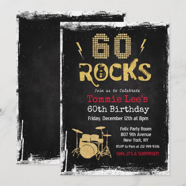 Invitation d'anniversaire 60 ans Rockstar Guitar 6 (Devant / Derrière)