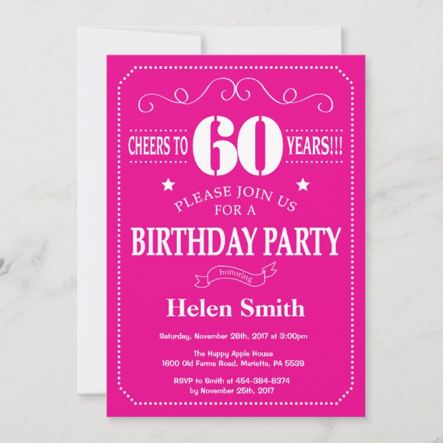 Invitation d'anniversaire 60 ans rose chaud et bla (Devant)