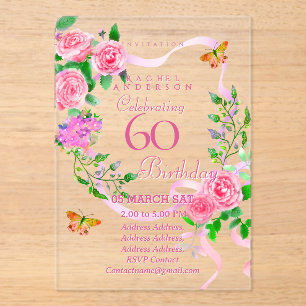 Invitation d'anniversaire 60 ans Ruban Rose Rose