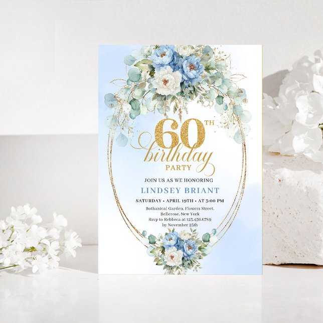 Invitation d'anniversaire 60 ans Rustique Bleu Piv (Rustic Blue Peony Gold 60th Birthday Invitation)