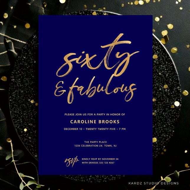 Invitation d'anniversaire 60 ans Soixante et Fabul (60th birthday Invitation shown in 5x7 in. flat card. Personalize it with the blue personalize button)