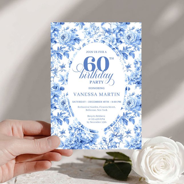 Invitation d'anniversaire 60 ans Toile de Jouy Ros (Classic Navy Toile Roses 60th Birthday Invite Print

)