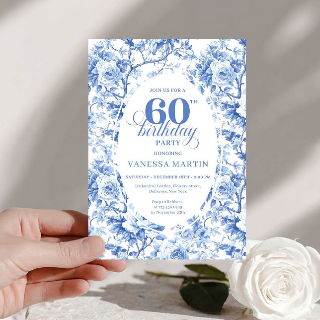 Invitation d'anniversaire 60 ans Toile de roses bl (Luxury Navy Blue Roses Toile 60th Birthday Invite)