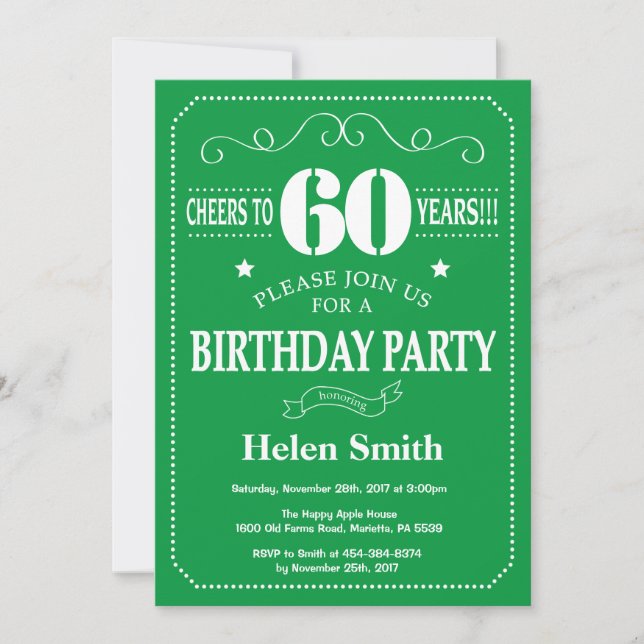 Invitation d'anniversaire 60 ans vert et blanc (Devant)