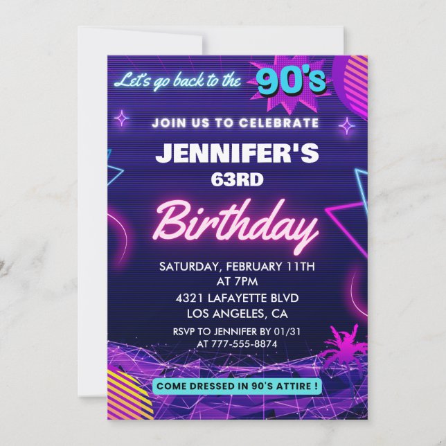 Invitation d'anniversaire 63 ans thème rétro 90s (Devant)