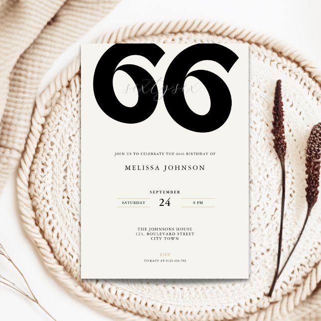 Invitation d'anniversaire 66 ans Minimal - Typo Gr (Minimal 66th birthday invitation with bold typography for man and woman in black and white)