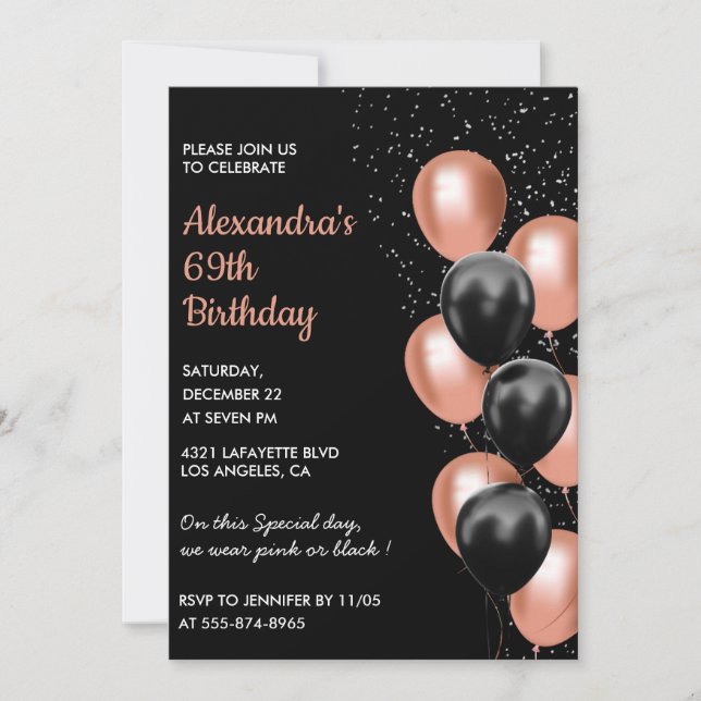 Invitation d'anniversaire 69 ans or rose Ballon No (Devant)