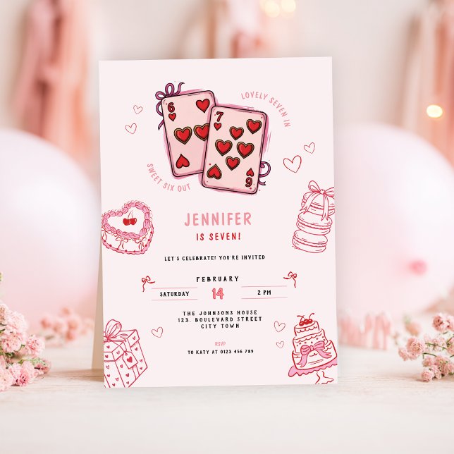 Invitation d'anniversaire 6 7 pour filles, rose po (pink 6 7 kids girl's birthday party invitation)