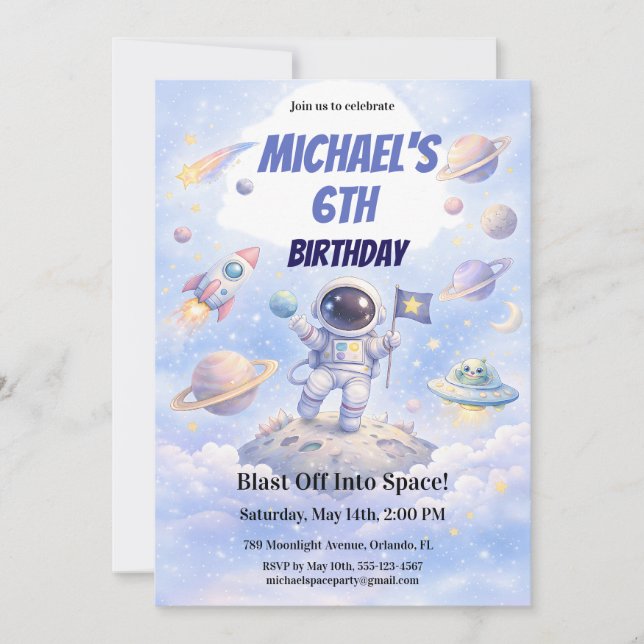 Invitation d'anniversaire 6 ans Astronaute de l'Es (Devant)