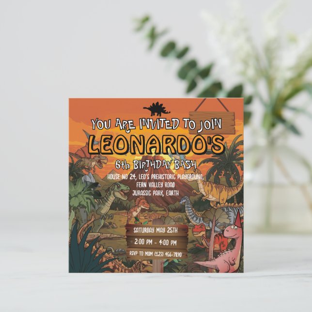 Invitation d'anniversaire 6 ans de dinosaure migno (Debout devant)