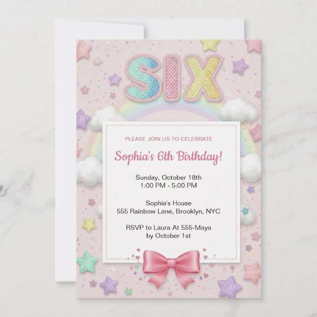 Invitation d'anniversaire 6 ans fille arc-en-ciel  (Devant)