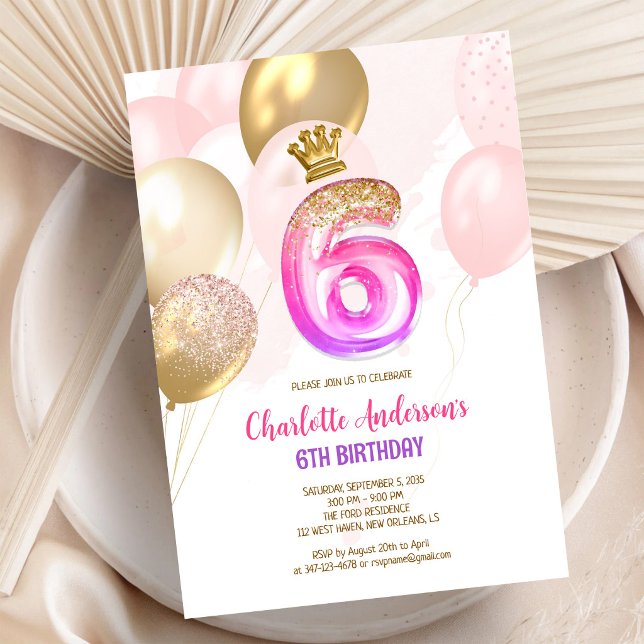 Invitation d'anniversaire 6 ans fille ballon or ro (Créateur téléchargé)