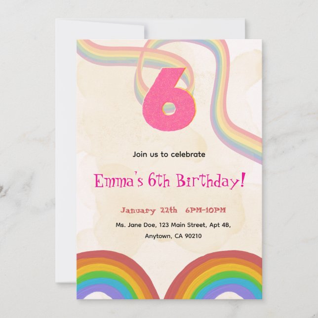 Invitation d'anniversaire 6 ans fille thème arc-en (Devant)