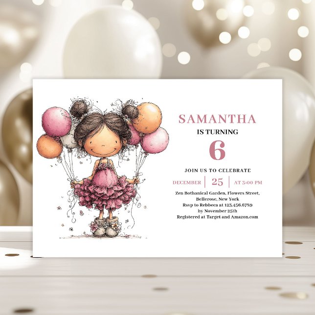 Invitation d'anniversaire 6 ans fille Toddler Capr (Whimsy Toddler Girl 6th Birthday Invite Pink)