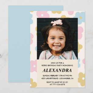 Invitation d'anniversaire 6 ans Fleurs rétro funky