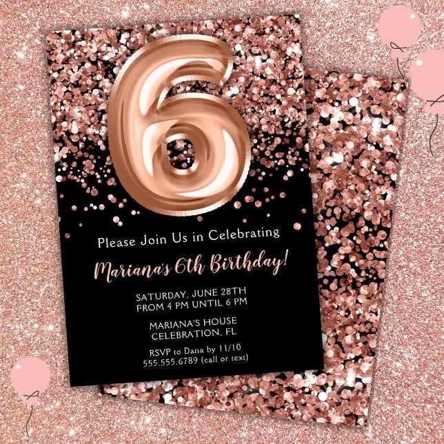 Invitation d'anniversaire 6 ans Noir Rose Or Paill (Créateur téléchargé)