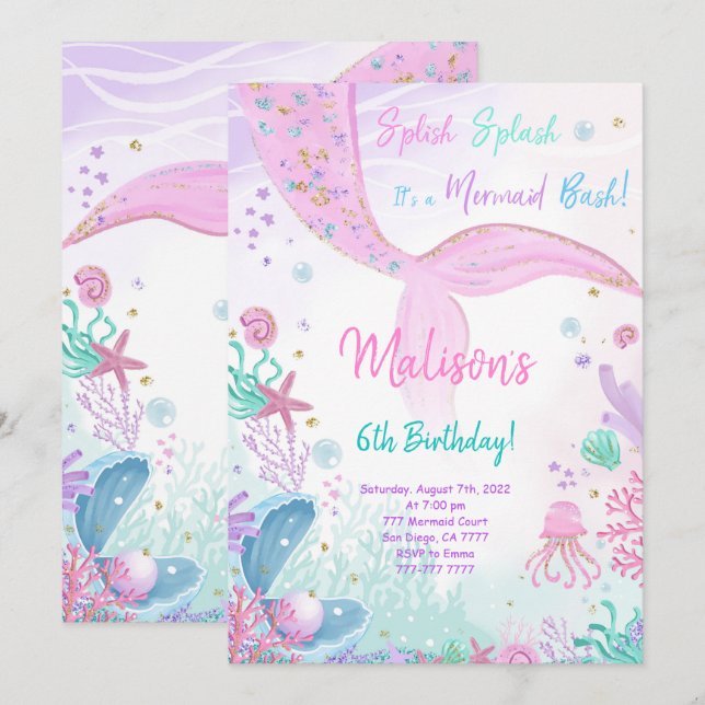 Invitation d'anniversaire 6 ans pour enfants Sirèn (Devant / Derrière)