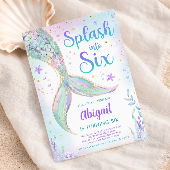 Invitation d'anniversaire 6 ans Sirène (Splash into Six - Mermaid 6th Birthday Party Invite - Pastel Mermaid Tail)