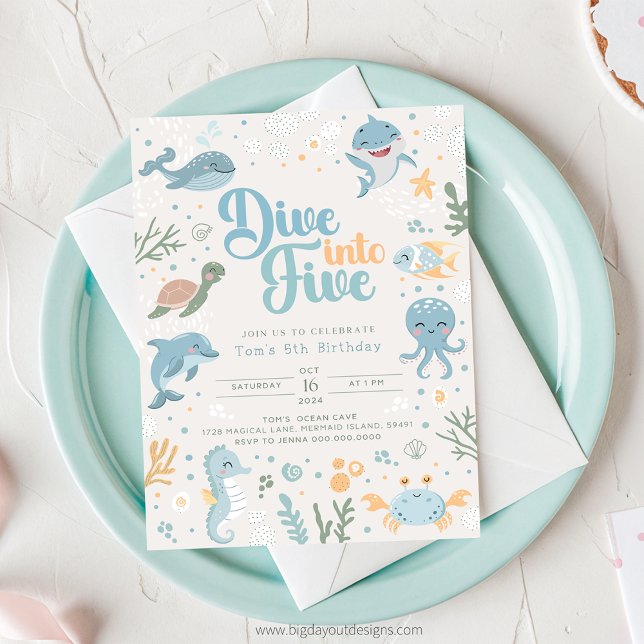 Invitation d'anniversaire 6 ans sur le thème de l' (Under the Sea - Boy 5th Birthday Invitation)