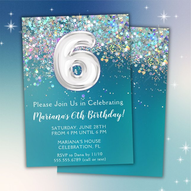 Invitation d'anniversaire 6 ans Teal Argent Paille (Créateur téléchargé)