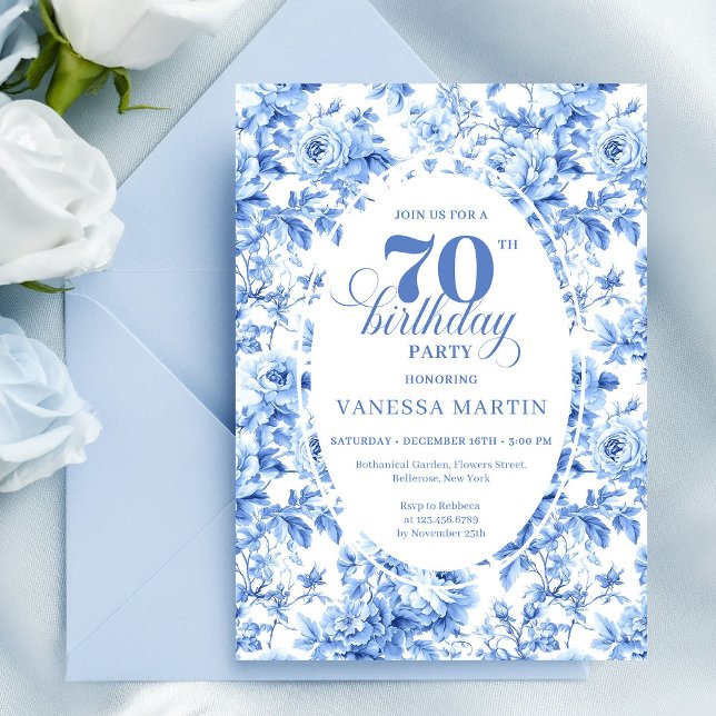 Invitation d'anniversaire 70 ans à fleurs Bleu Pou (Dusty Blue Floral 70th Birthday Invitation)