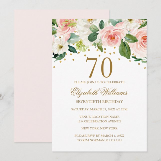 Invitation d'anniversaire 70 ans à fleurs en aquar (Devant / Derrière)
